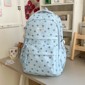 Sac à dos bleu clair motif étoiles en toile cartable stylé étudiant sac de voyage pour filles