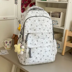 Sac à dos style coréen gris imprimé étoiles décontracté pour étudiants, cartable tendance.