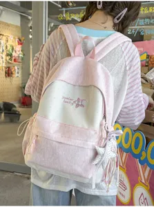 Sac à dos étudiant rose et blanc cartable mignon décontracté grande capacité léger quotidien