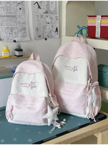 Sac à dos en toile rose et blanche cartable mignon grande capacité sac décontracté