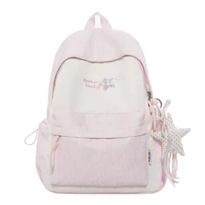 Joli sac à dos d'école rose et blanc avec étoile, sac à dos décontracté pour tous les jours.