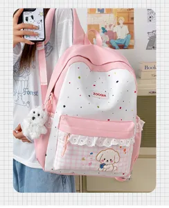 Mochila escolar de estrellas rosa y blanco con encaje, bordado de cachorro y colgante de peluche.
