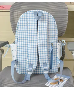 Blue white gingham school backpack sweet girlish style cute student rucksack with side pockets