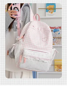 Sweet pink checkered star lace backpack for schoolgirls, cute Japanese style daily school bag.