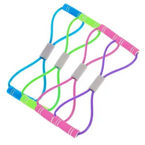 Multi-tube 8-shape resistance band detail showing colorful elastic ropes and comfortable foam grips.