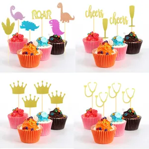 Cartoon Dinosaurier Grosse Goldene Krone Stethoskop Kuchendekoration Glitzer Papier Cupcake Deko Für Geburtstag