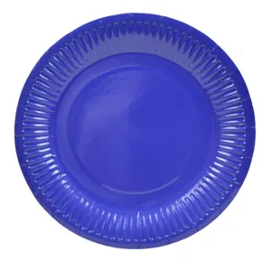 Close-up detail of a bright blue disposable paper plate with textured pleated rim design.