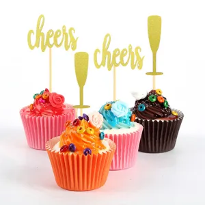 Glitzernde goldene Cheers Cupcake-Topper Party-Desserttisch-Dekorationen mit Holzstäbchen.