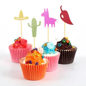 Set de adornos para cupcakes de fiesta mexicana, decoración brillante cactus piñata.