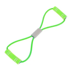 Green figure-8 resistance band detail for back and chest training, home fitness tool.