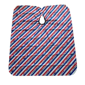 Professional salon barber cape with classic red, white, and blue striped design for haircuts.