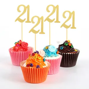 Adorno de tarta 21 cumpleanos brillante oro palillos para cupcake fiesta de postre