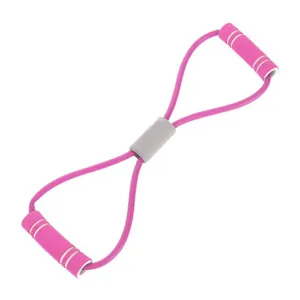 Pink figure-8 resistance band detail view, comfortable foam handles for back and shoulder stretching.