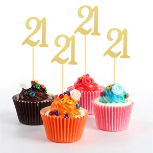 Adornos de cupcakes con purpurina dorada para 21 cumpleaños con decoraciones de pasteles simulados