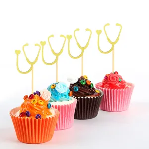Gold Glitzer Stethoskop Cupcake Topper Medizin Thema Party Kuchen Dekorationen fuer Krankenpflege