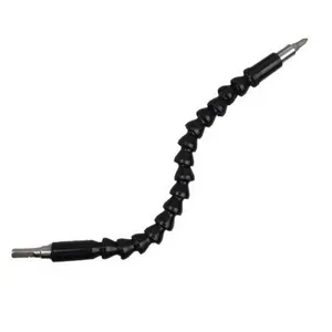 Flexible drill bit extension shaft detail close-up, black segmented metal hose accessory