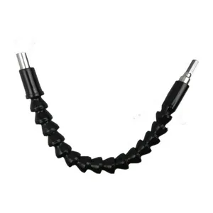 Flexible drill bit extension shaft detail view, black bendable hose for screwdriver tools.