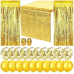 Gold party decoration set featuring sequin table runner, foil fringe curtains, and confetti balloons.