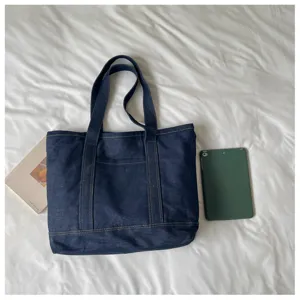 Sac cabas en denim bleu foncé décontracté, grand sac de shopping avec bretelles.