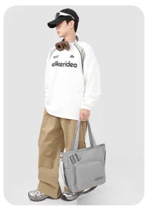Casual large capacity grey canvas tote bag stylish student shoulder bag for daily use.