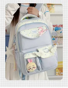 Cute Japanese style transparent ita bag detail, light blue student backpack with sweet charms.