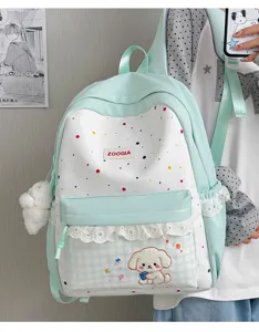 Lindo mochilas escolares verde menta con estrellas volantes y parche de perrito tierno