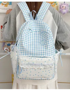 Sweet Japanese style blue plaid backpack with white star lace pocket, cute student school bag.