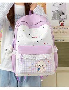 Mochila informal con estrellas para chicas, bolso escolar morado claro dulce con encaje y perrito.