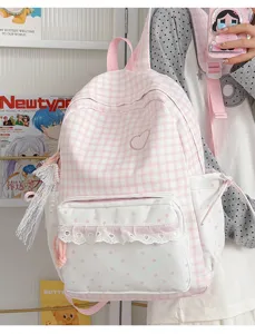 Pink plaid backpack with heart embroidery, delicate lace frills and sweet Japanese style design.