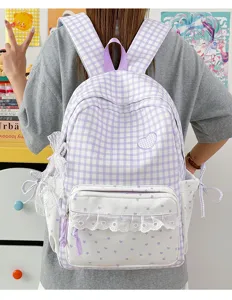 Detail view of the sweet purple plaid backpack featuring lace ruffles and cute star patterns.