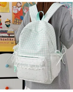 Sweet Japanese style checkered backpack with cute polka dots and delicate lace ruffles for girls.