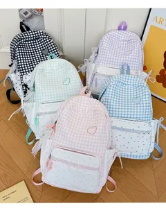 Sweet plaid backpack with lace trim and heart embroidery, multiple cute colors available.