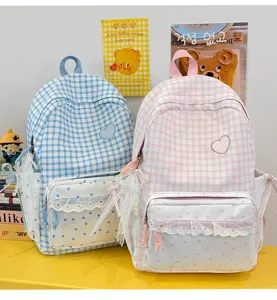Sweet plaid lace backpack for girls, cute casual school daypack with heart embroidery.