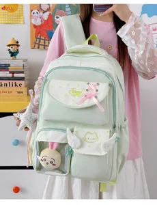 Cute Japanese style pastel green student backpack with clear window, multi pockets and bows.