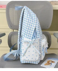Sweet blue white gingham school backpack with cute star heart patterns and ribbon bows for daily use.