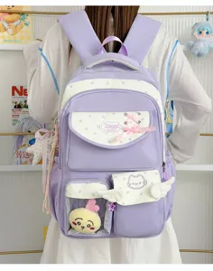 Cute Japanese transparent ita backpack detail, pastel purple school bag with plush charms.