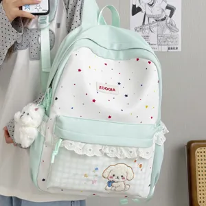 Mochila escolar con estampado de estrellas para chicas, bolso de lona con ribete de encaje.