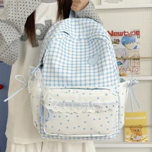 Kawaii Plaid Polka Dot Lace Bowknot School Backpack Girls Cute Sweet Casual Bookbag Waterproof Nylon Travel Daypack