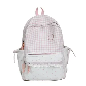 Sweet pink gingham school backpack with star heart pattern and cute lace trim for daily use.