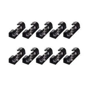 Detailed close-up view of 10 black self-adhesive cable clips, ideal for wire management.