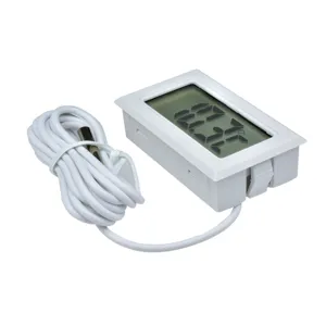 Termómetro electrónico digital empotrable con sonda y cable blanco para la temperatura.