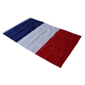 Vue détaillée du drapeau national français montrant les bandes verticales bleu, blanc et rouge.