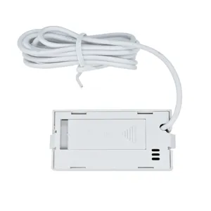 Primer plano del termómetro electrónico empotrable blanco con sonda y cable de conexión largo.