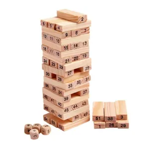 Wooden digital tumbling tower stacking blocks game with numbered pieces and dice for fun.