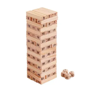 Wooden number stacking tower game blocks with dice for adult intelligence and leisure play.