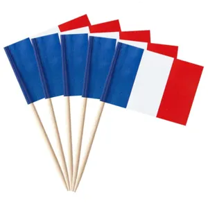 French flag toothpicks, 65mm wooden cocktail picks, decorative paper flags for party food.