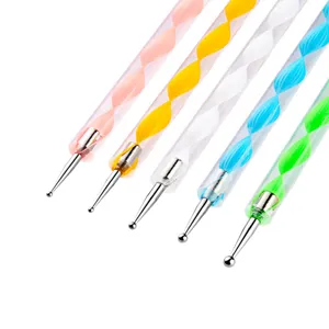 Detailed view of 5 pcs nail art dotting pens with colorful spiral acrylic handles and metal tips.