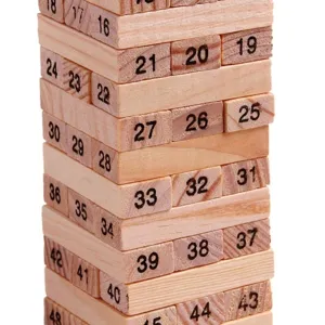 Wooden numbering Jenga blocks toy detail, natural wood stack game pieces closeup view.