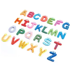 Wooden alphabet fridge magnets set for kids early education, colorful letters toys detail.