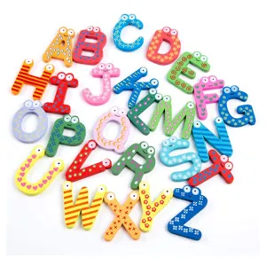 Colorful wooden alphabet fridge magnets detail, cute educational letter toys for kids.